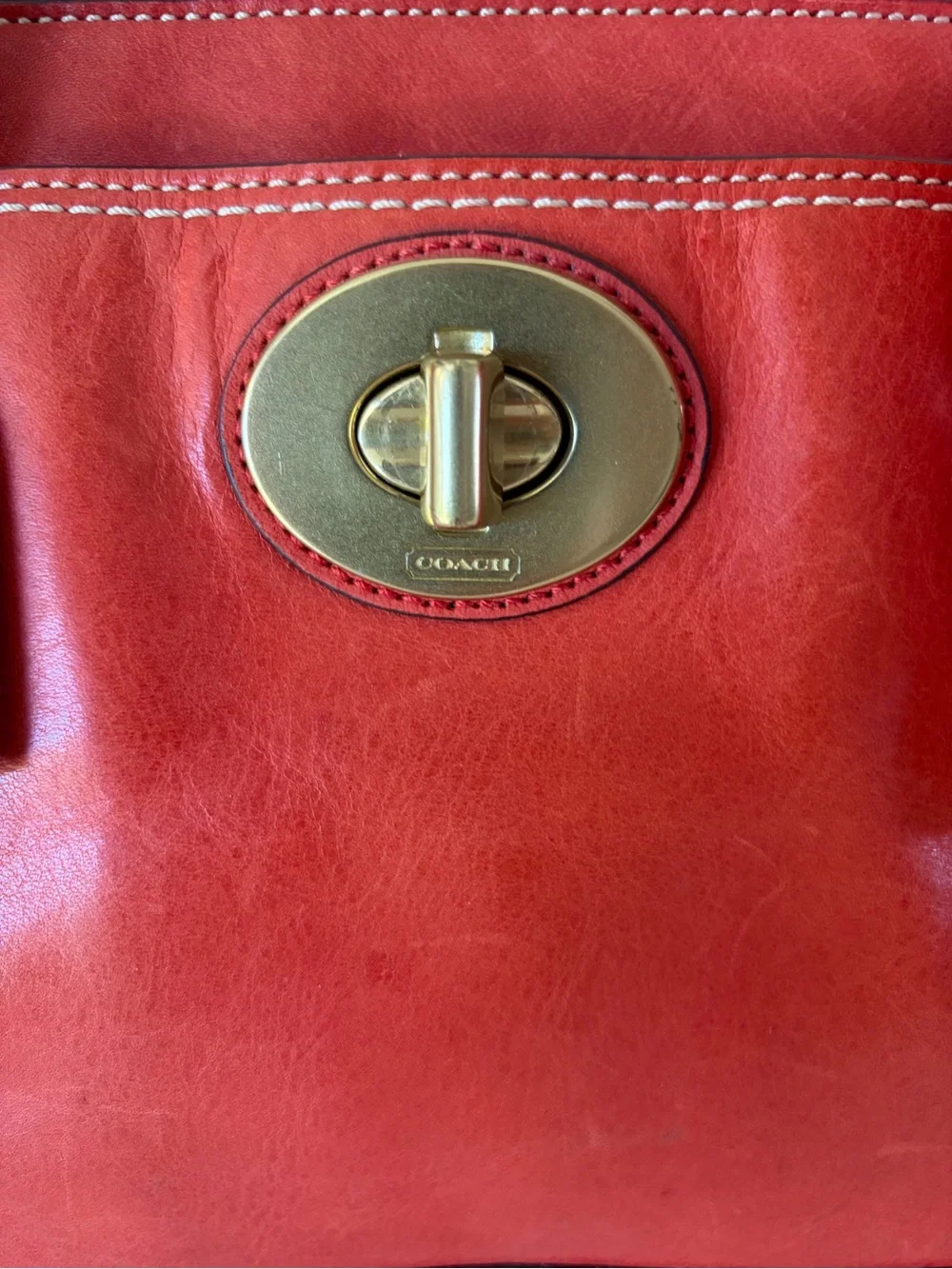 Coach Hamptons Madeline Large Leather Tote 11554 Red Orange Turnlock Scarf